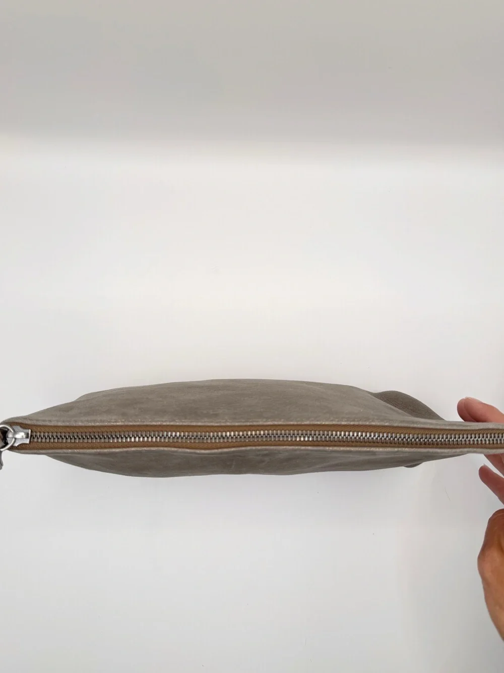 Brunello Cucinelli Metallic Suede Leather Zip Pouch Clutch Taupe Beige Italy Lux